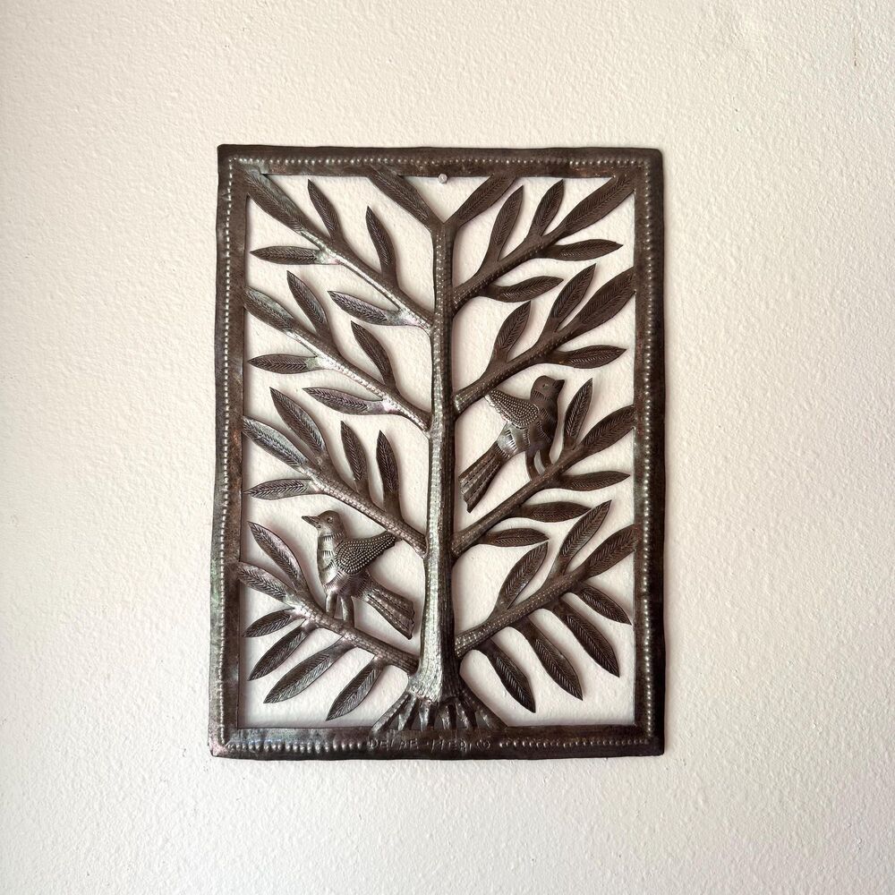 Handmade Haitian Steel Drum Folk Art / Rustic Metal Bird Tree Wall Hanging